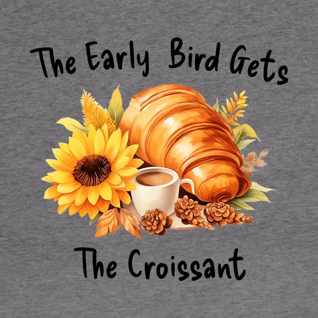 Croissant French Early Bird Flower Coffee Kawaii Art by Flowering Away